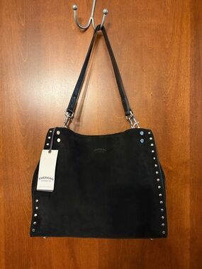 New American Leather Lenox Black Suede Stud Trim Shoulder Bag